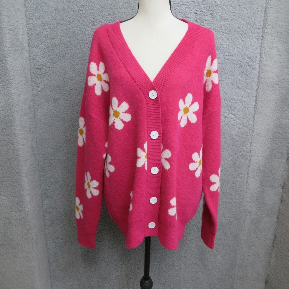 Womens L Pink Daisy Floral Cardigan Sweater Oversized Coquette whimsical Haptics